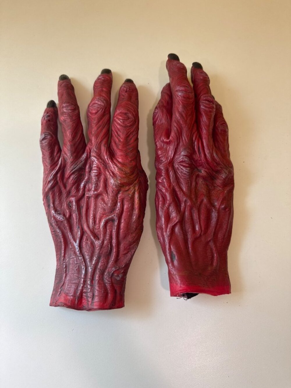 Demon & Devil Latex Costume Hands With Black Nails - Red Textured Design - Velcr